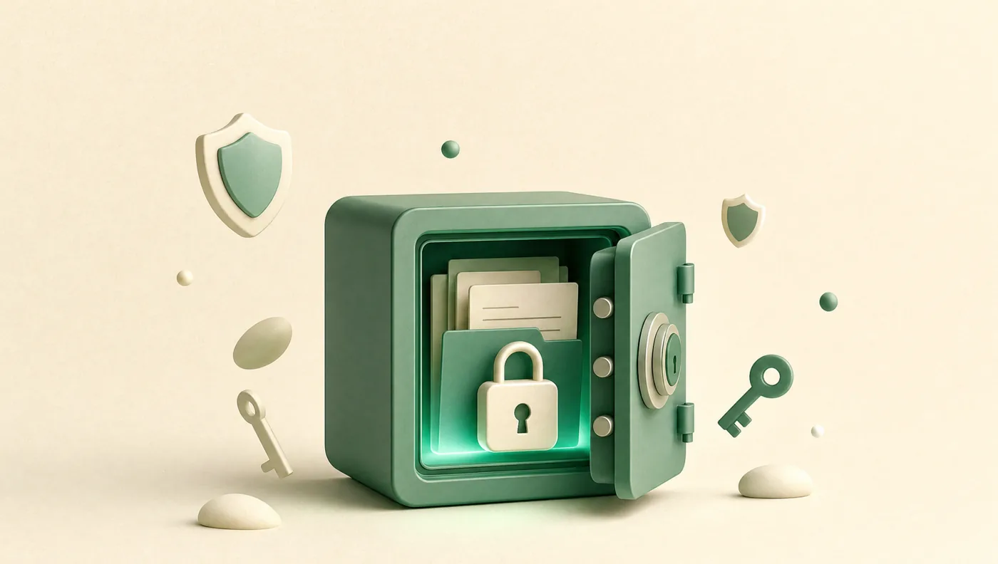 A locked vault holding financial documents, surrounded by shields and keys